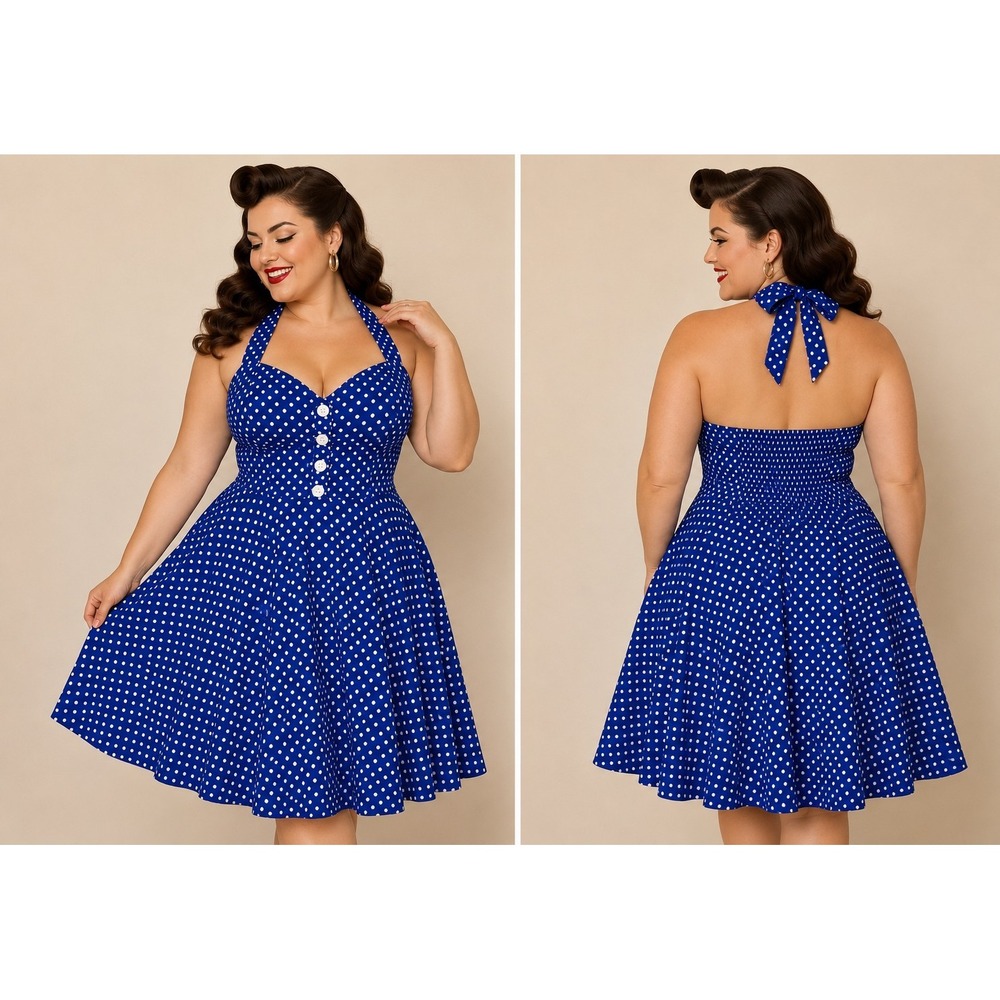 Sara USA Blue Polka Dot Halter Dress – Retro Pin Up Rockabilly Style Large